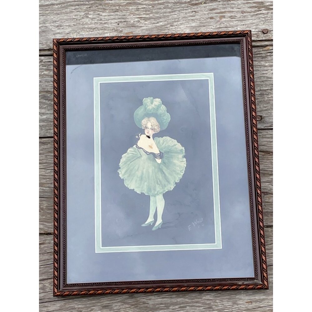Antique 1904 Painting Can Can Show Girl Artist Signed Green